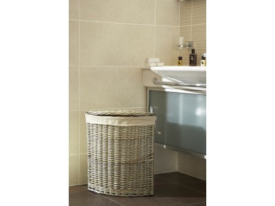 Basket, SMALL ANTIQUE WASH CORNER LAUNDRY BASKET with WHITE LINING