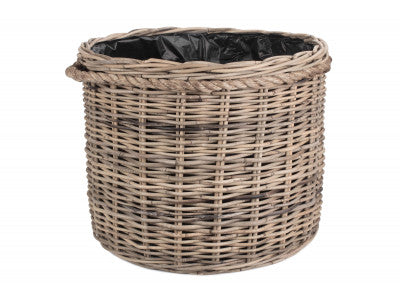 Basket, LARGE ROPE HANDLED RATTAN ROUND PLANTER with PLASTIC LINING