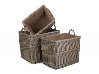 Basket, Set of 3 RECTANGULAR LINED WICKER LOG / STORAGE BASKETS