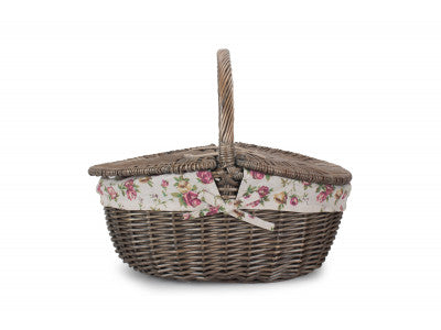 Basket, ANTIQUE WASH FINISH OVAL PICNIC BASKET with GARDEN ROSE LINING