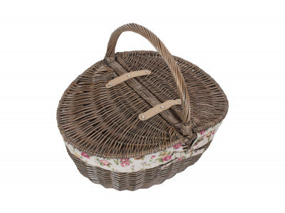 Basket, ANTIQUE WASH FINISH OVAL PICNIC BASKET with GARDEN ROSE LINING