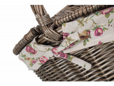 Basket, ANTIQUE WASH FINISH OVAL PICNIC BASKET with GARDEN ROSE LINING