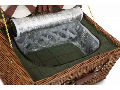 Basket, 6 PERSON GREEN TWEED CLASSIC PICNIC HAMPER