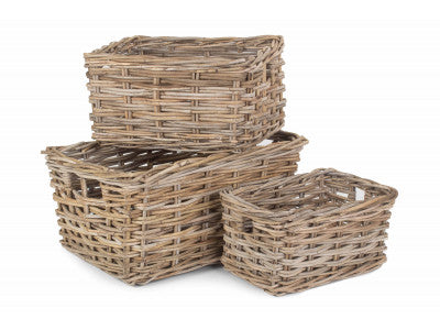 Basket, Set of 3 RECTANGULAR GREY RATTAN STORAGE BASKET