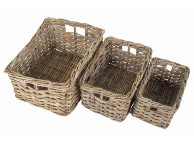Basket, Set of 3 RECTANGULAR GREY RATTAN STORAGE BASKET