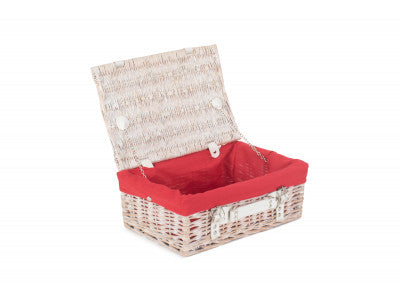 "Basket, 14" WHITE HAMPER with RED LINING"