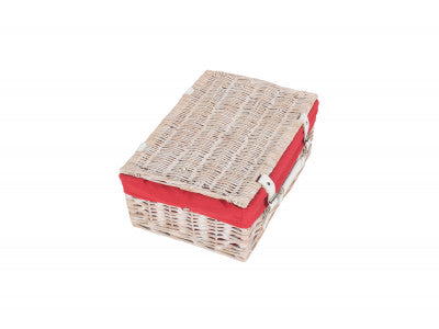 "Basket, 14" WHITE HAMPER with RED LINING"