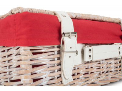 "Basket, 14" WHITE HAMPER with RED LINING"