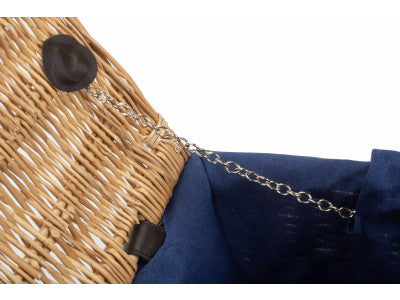 "Basket, 14" WICKER HAMPER with NAVY BLUE LINING"
