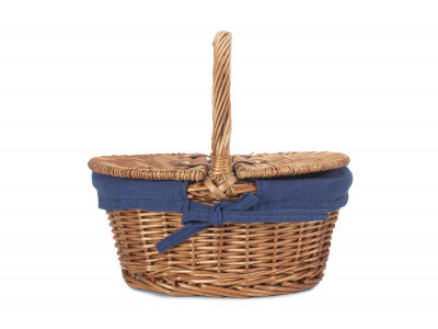 Basket, CHILDS LIGHT STEAMED FINISH OVAL PICNIC BASKET with NAVY BLUE LINING