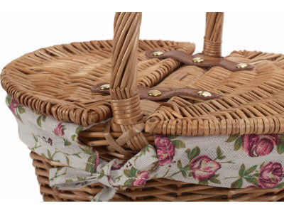 Basket, CHILDS LIGHT STEAMED FINISH OVAL PICNIC BASKET with GARDEN ROSE LINING
