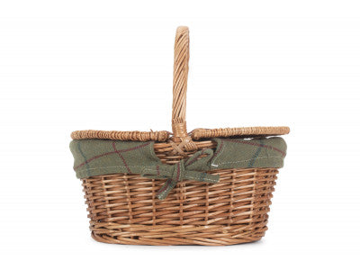 Basket, CHILDS LIGHT STEAMED FINISH OVAL PICNIC BASKET with GREEN TWEED LINING