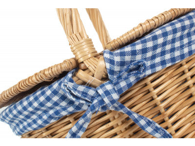 Basket, CHILD'S OVAL LIDDED HAMPER with BLUE & WHITE CHECKED LINING