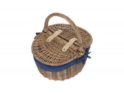 Basket, SMALL ANTIQUE WASH FINISH OVAL PICNIC BASKET with NAVY BLUE LINING