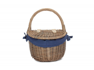 Basket, SMALL ANTIQUE WASH FINISH OVAL PICNIC BASKET with NAVY BLUE LINING