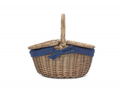 Basket, SMALL ANTIQUE WASH FINISH OVAL PICNIC BASKET with NAVY BLUE LINING