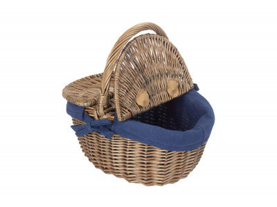 Basket, SMALL ANTIQUE WASH FINISH OVAL PICNIC BASKET with NAVY BLUE LINING