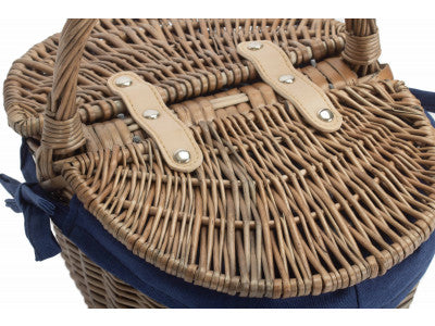 Basket, SMALL ANTIQUE WASH FINISH OVAL PICNIC BASKET with NAVY BLUE LINING