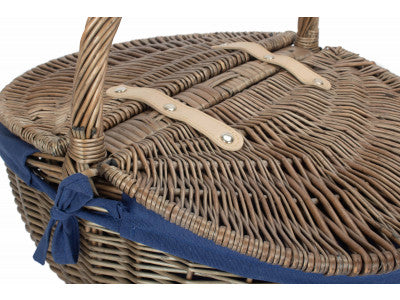 Basket, ANTIQUE WASH FINISH OVAL PICNIC with NAVY BLUE LINING