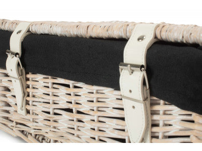 Basket, 14 inch EMPTY WICKER HAMPER BASKET - WHITE WASH - BLACK LINING