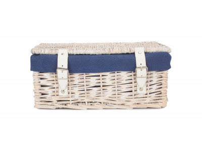 Basket, 14 inch EMPTY WICKER HAMPER BASKET - WHITE WASH - NAVY BLUE LINING