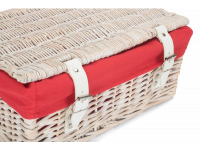 Basket, 14 inch EMPTY WICKER HAMPER BASKET - WHITE WASH - RED LINING