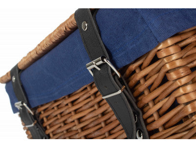 Basket, 14 inch EMPTY WICKER HAMPER BASKET - DOUBLE STEAMED - NAVY BLUE LINING