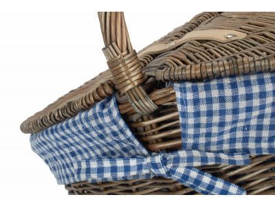 Basket, ANTIQUE WASH FINISH OVAL PICNIC BASKET with BLUE & WHITE CHECKED LINING