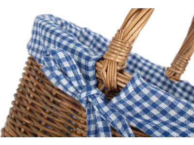 Basket, CHILD'S COUNTRY OVAL SHOPPER with BLUE & WHITE CHECKED LINING