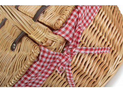 Basket, OVAL LIDDED HAMPER with RED & WHITE CHECKED LINING