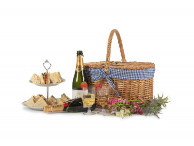 Basket, OVAL LIDDED HAMPER with BLUE & WHITE CHECKED LINING