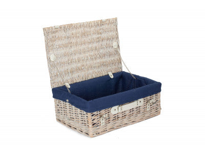"Basket, 18" WHITE HAMPER with NAVY BLUE LINING"