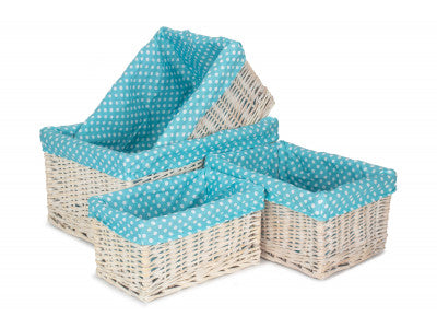 Basket, Set of 4 WHITE WASH STORAGE BASKETS with BLUE SPOTTY LINING