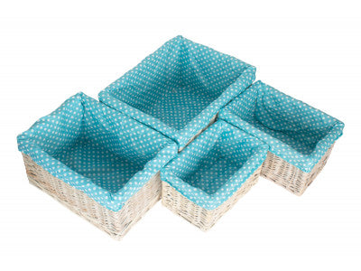 Basket, Set of 4 WHITE WASH STORAGE BASKETS with BLUE SPOTTY LINING