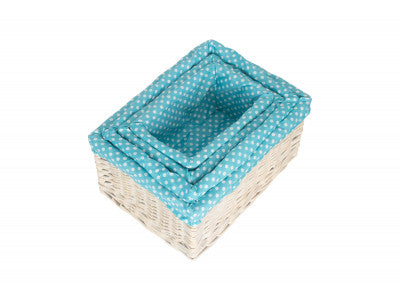 Basket, Set of 4 WHITE WASH STORAGE BASKETS with BLUE SPOTTY LINING