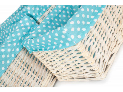Basket, Set of 4 WHITE WASH STORAGE BASKETS with BLUE SPOTTY LINING