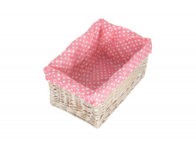 Basket, MEDIUM WHITE WASH STORAGE BASKET with PINK SPOTTY LINING