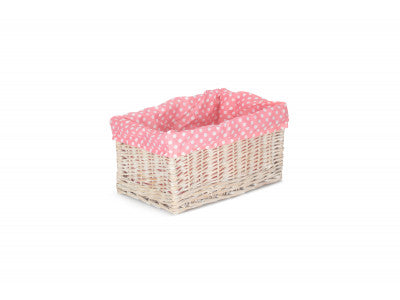 Basket, MEDIUM WHITE WASH STORAGE BASKET with PINK SPOTTY LINING