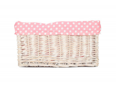 Basket, MEDIUM WHITE WASH STORAGE BASKET with PINK SPOTTY LINING