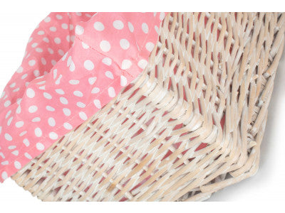 Basket, MEDIUM WHITE WASH STORAGE BASKET with PINK SPOTTY LINING