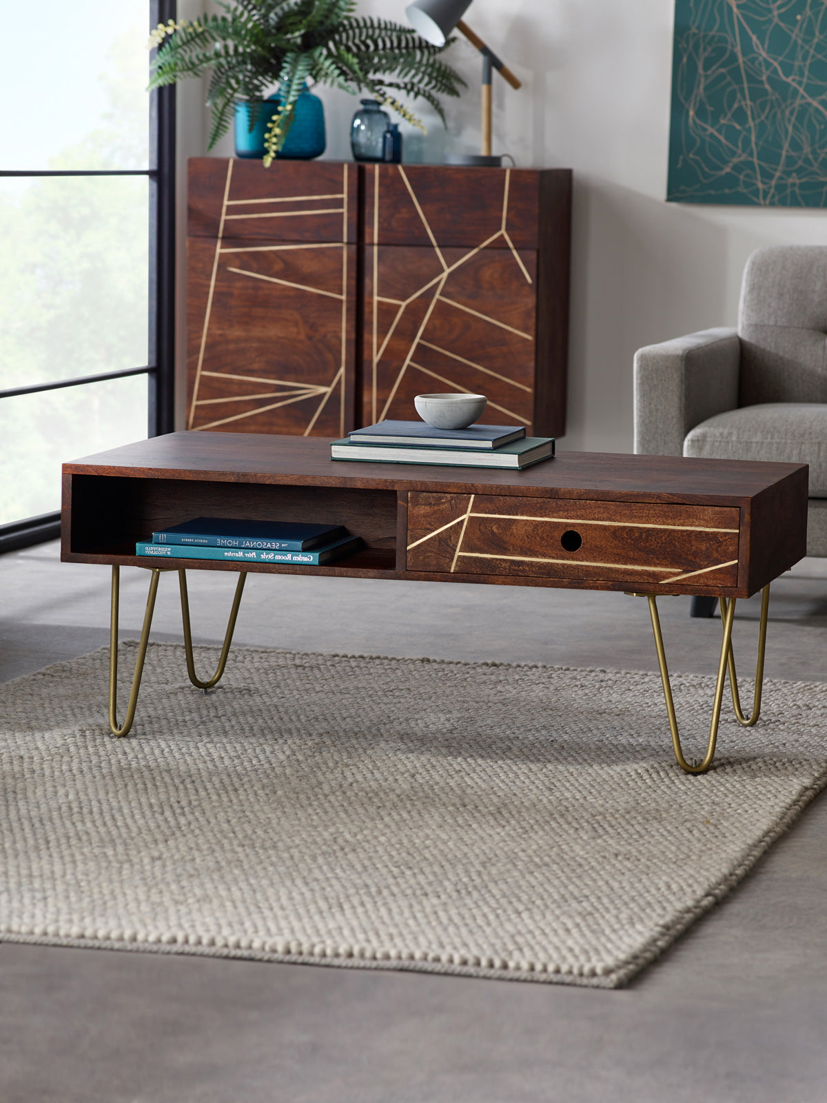 Dark Gold Rectangular Coffee Table with Drawer