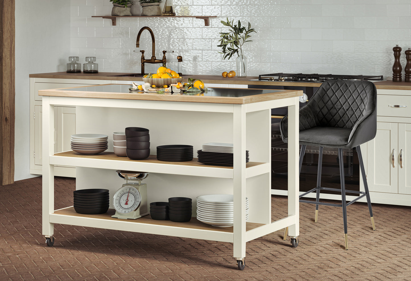 Kitchen Island (Cream) Open with Breakfast Bar :