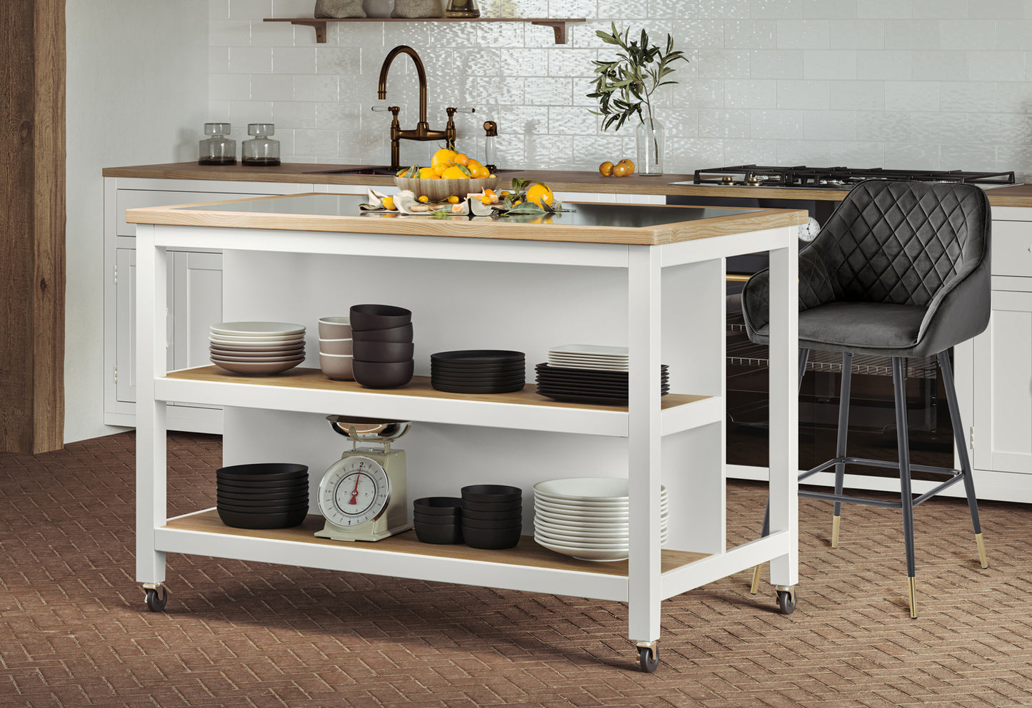 Kitchen Island (White) Open with Breakfast Bar :
