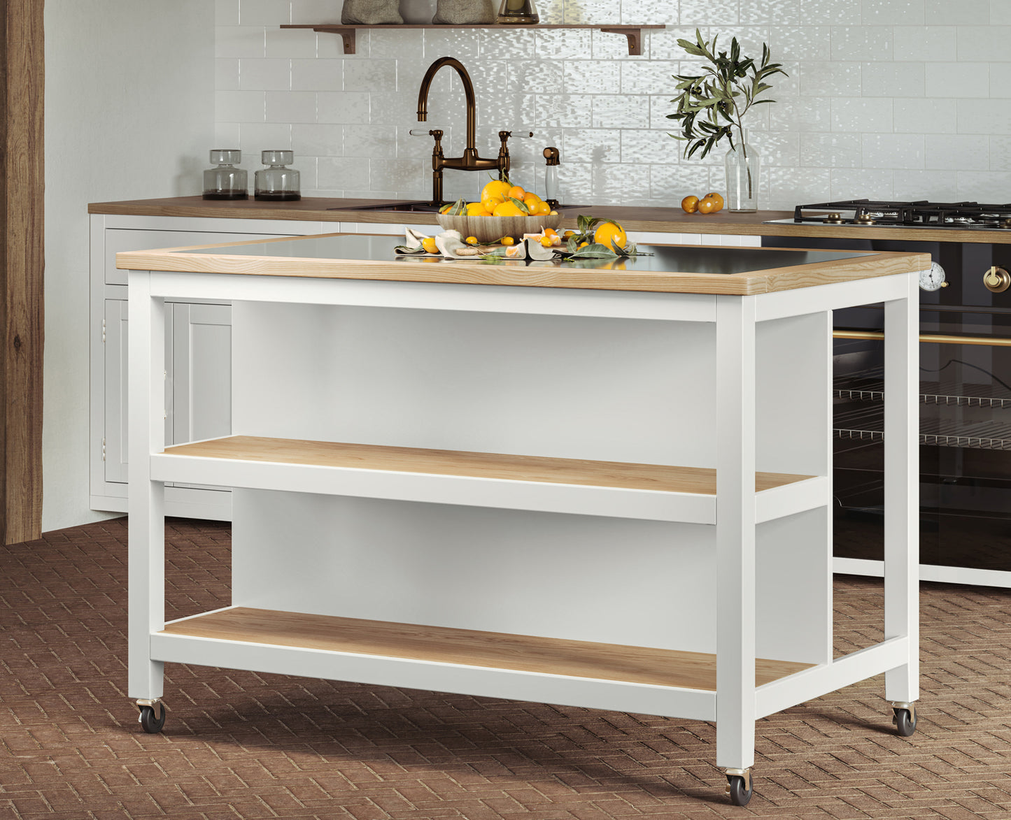 Kitchen Island (White) Open with Breakfast Bar :