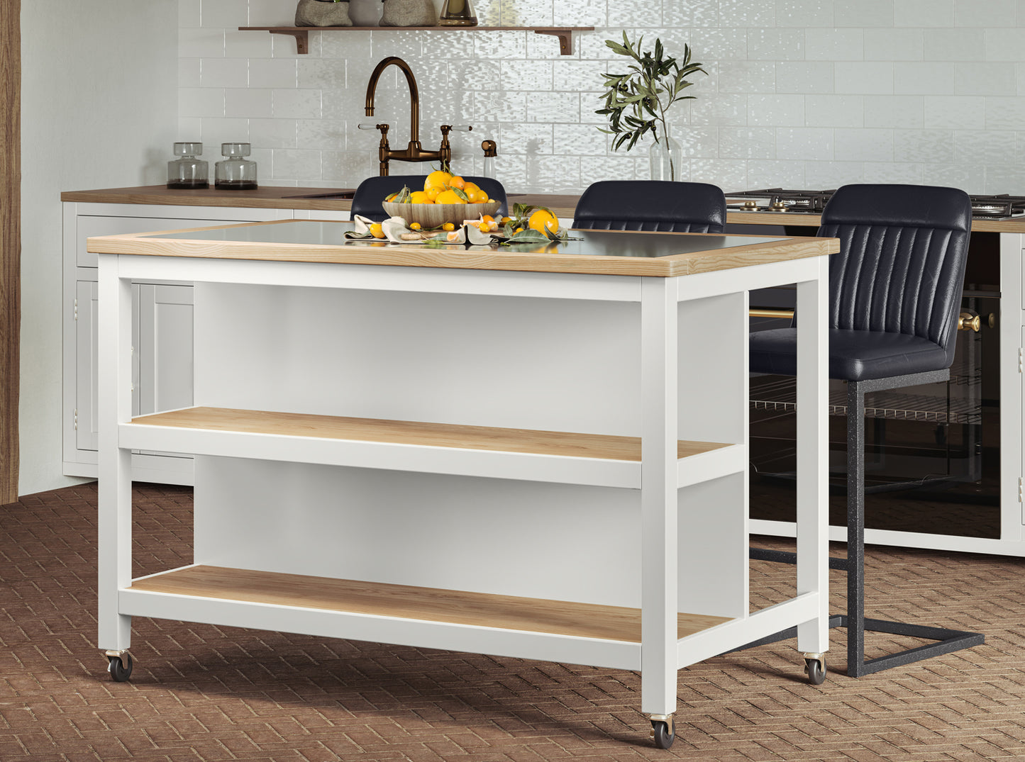 Kitchen Island (White) Open with Breakfast Bar :