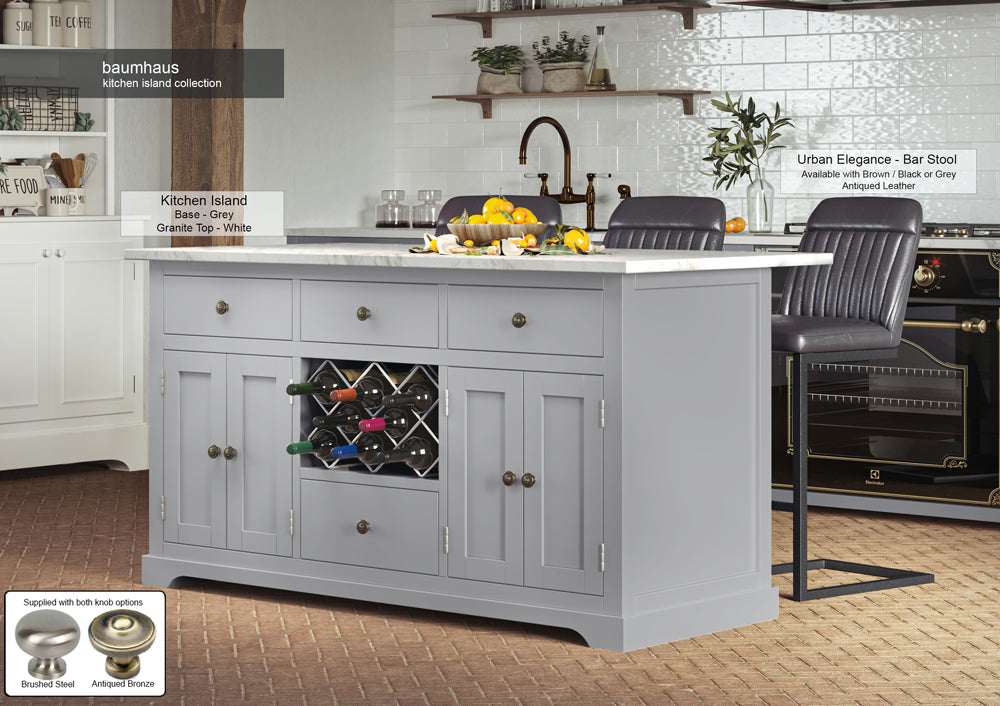 Grey Kitchen Island With White Marble Worktop : Stunning Grey Painted Kitchen Island with White Granite Worktop. Comes with wine racks, and a selection of either rustic or modern brushed steel handles and knobs