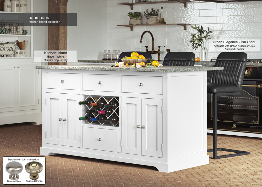 White Kitchen Island With Grey Granite Worktop : Stunning White Painted Kitchen Island with Grey Granite Worktop. Comes with wine racks, and a selection of either rustic or modern brushed steel handles and knobs