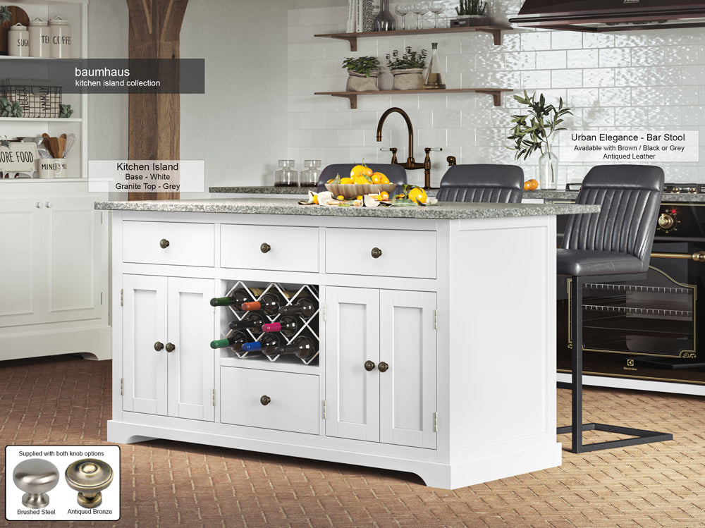 White Kitchen Island With Grey Granite Worktop : Stunning White Painted Kitchen Island with Grey Granite Worktop. Comes with wine racks, and a selection of either rustic or modern brushed steel handles and knobs