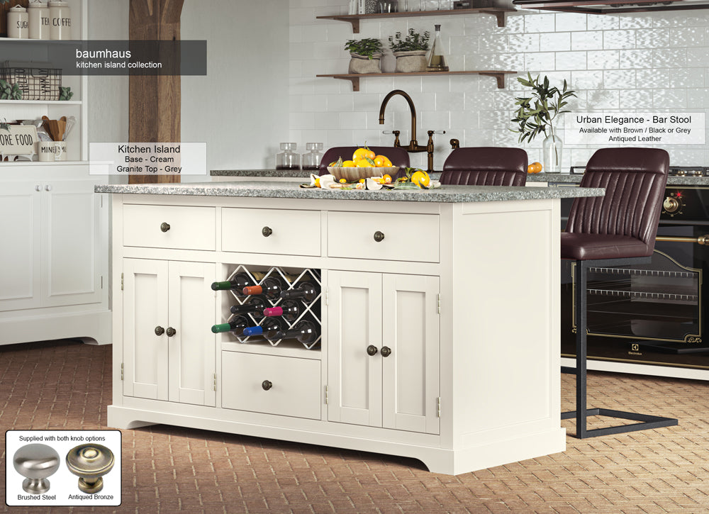 Cream Kitchen Island With Grey Granite Worktop : Stunning Cream Painted Kitchen Island with Grey Granite Worktop. Comes with wine racks, and a selection of either rustic or modern brushed steel handles and knobs