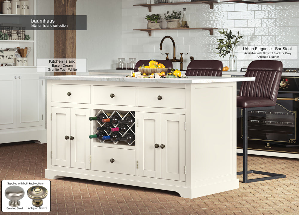Cream Kitchen Island With White Marble Worktop : Stunning Cream Painted Kitchen Island with White Granite Worktop. Comes with wine racks, and a selection of either rustic or modern brushed steel handles and knobs